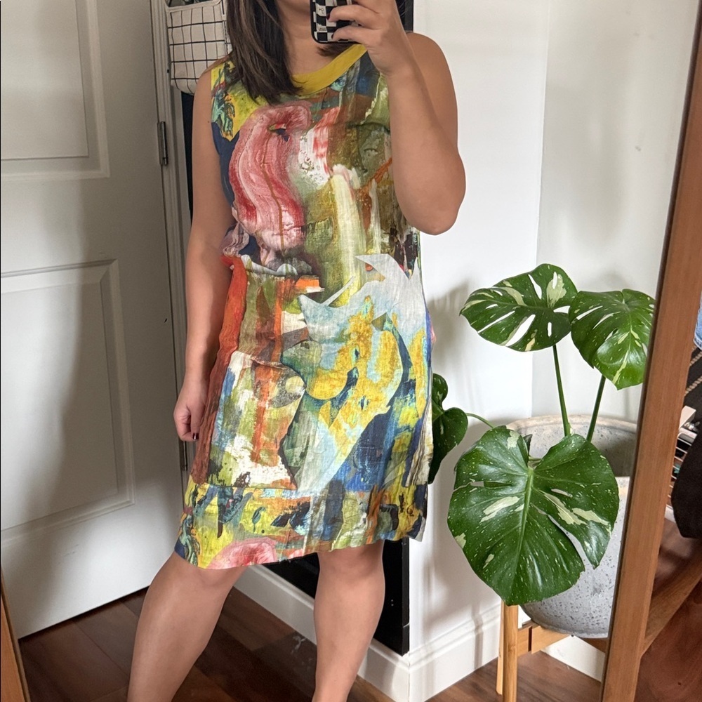 SALKIM Watercolor 100% Linen Canvas Mini Dress. Size 40/ 6 US